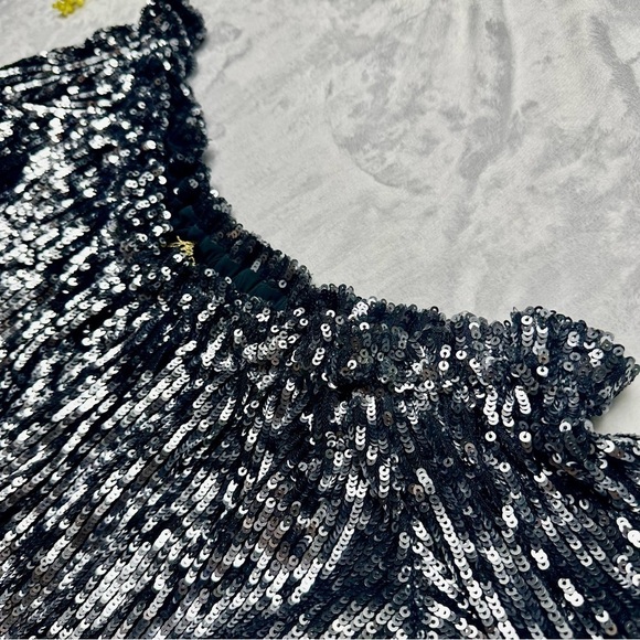 Free People Emilia Sequin Off Shoulder Romper in  Gunmetal Silver NWT Small - Picture 6 of 16